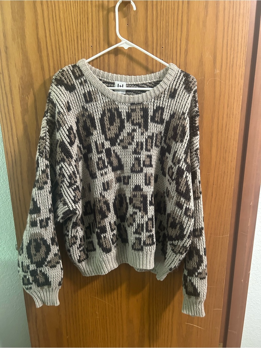 John + Jenn Taupe and Black Leopard Crewneck Sweater